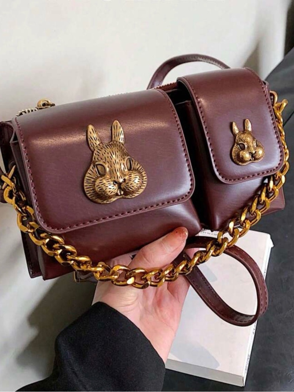 Women's Double-Pocket Crossbody Bag in Deep Burgandy with Gold Rabbit Hardware